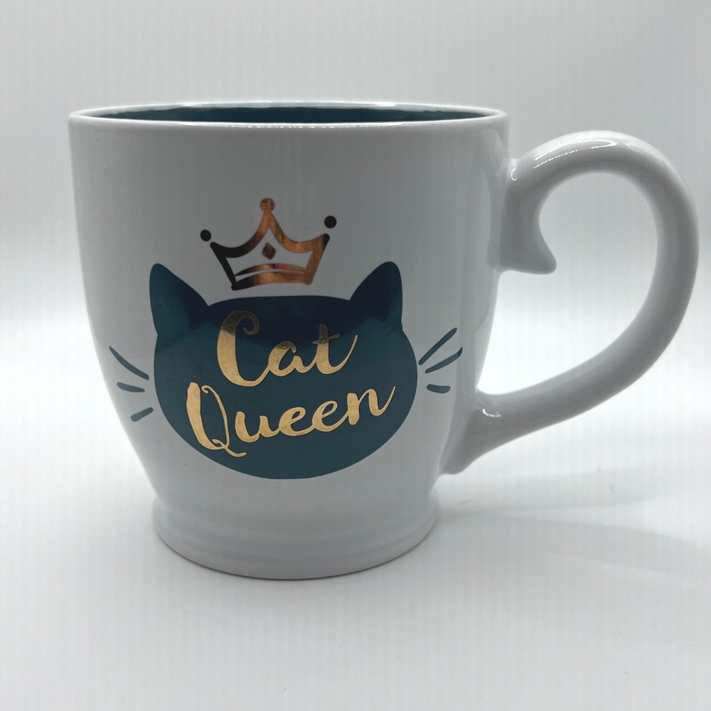 Unbranded Cat Queen Coffee Mug 20oz White Teal Gold Excellent Ceramic Cup